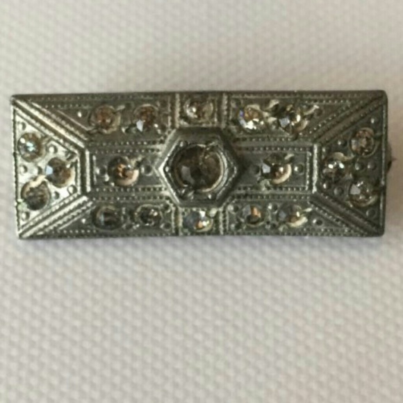 Vintage Pewter Tone Bar Rhinestone Brooch - Picture 2 of 3